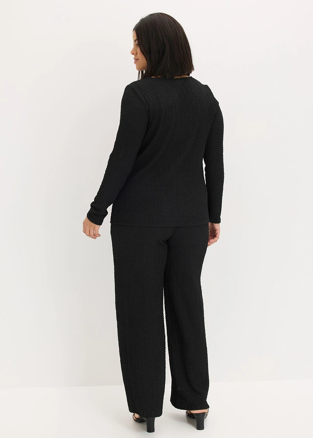 Shirt en broek van zachte  gestructureerde crêpe (2-dlg. set), Kleur: zwart