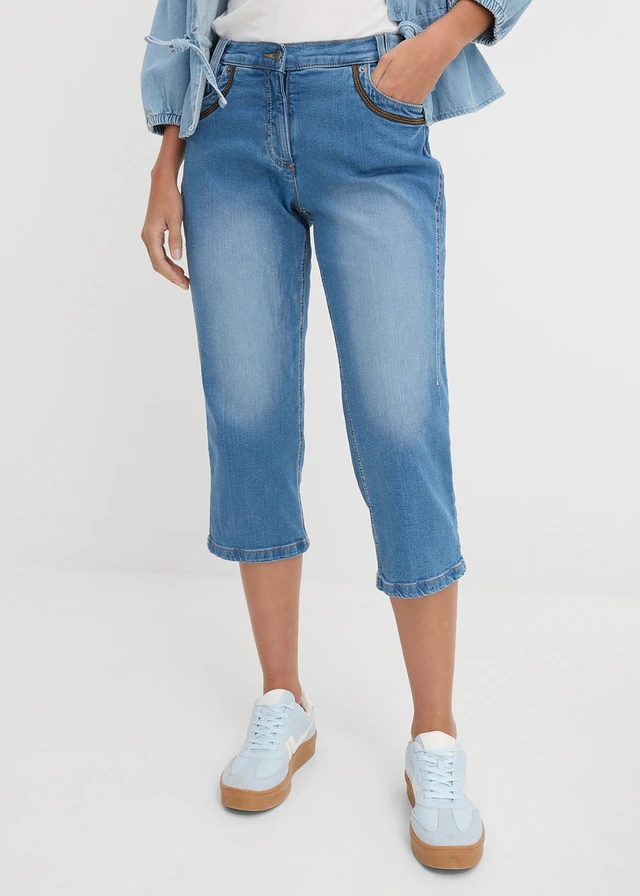 Dżinsy rybaczki Slim Fit, mid waist, bawełna, kolor: niebieski "stone"