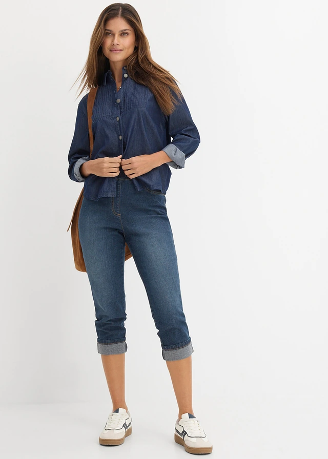 Jeggings 3/4 din bumbac, cu talie medie • bleumarin denim • magazin bonprix