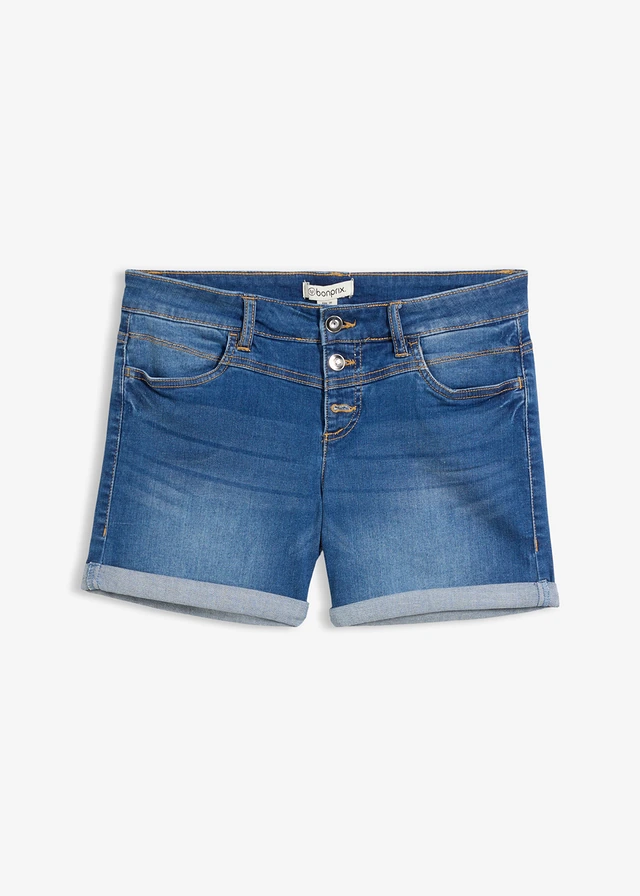 Jeans short, mid waist, Kleur: blauw denim used