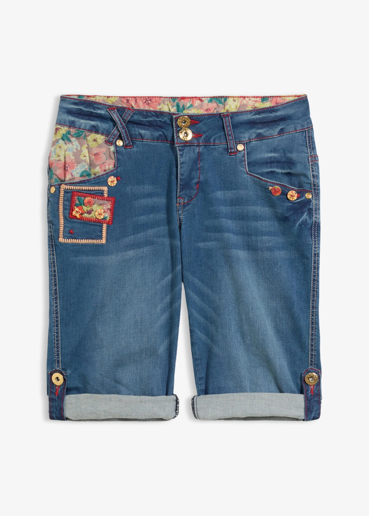 Bermuda en jean, taille mi-haute • bleu denim floral • Boutique bonprix