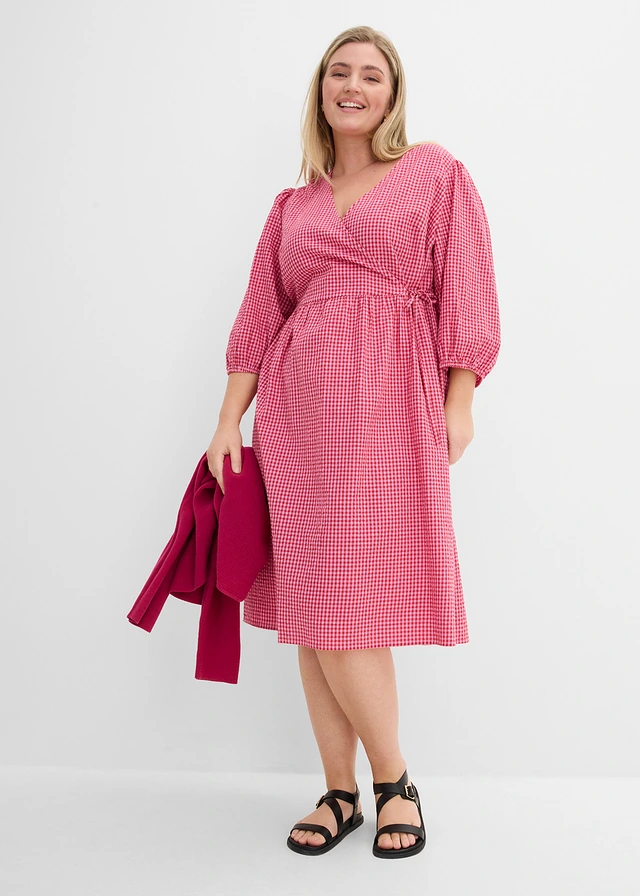 Robe portefeuille en matière texturée, Couleur: rouge cerise-rose