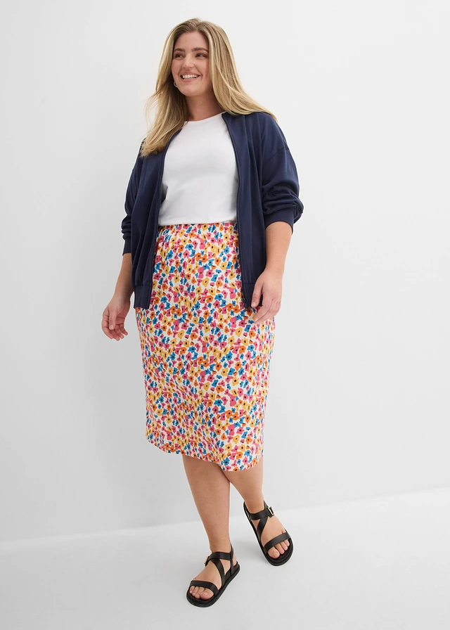Jupe en jersey, Couleur: écru-noir-jaune-orange chaud-bleu brillant-fuchsia floral