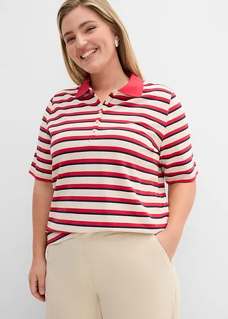 Polo 100% coton, Couleur: rouge-bleu foncé-beige galet rayé