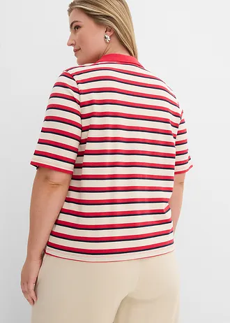 Piqué poloshirt van biologisch katoen, Kleur: rood-donkerblauw-kiezelbeige gestreept