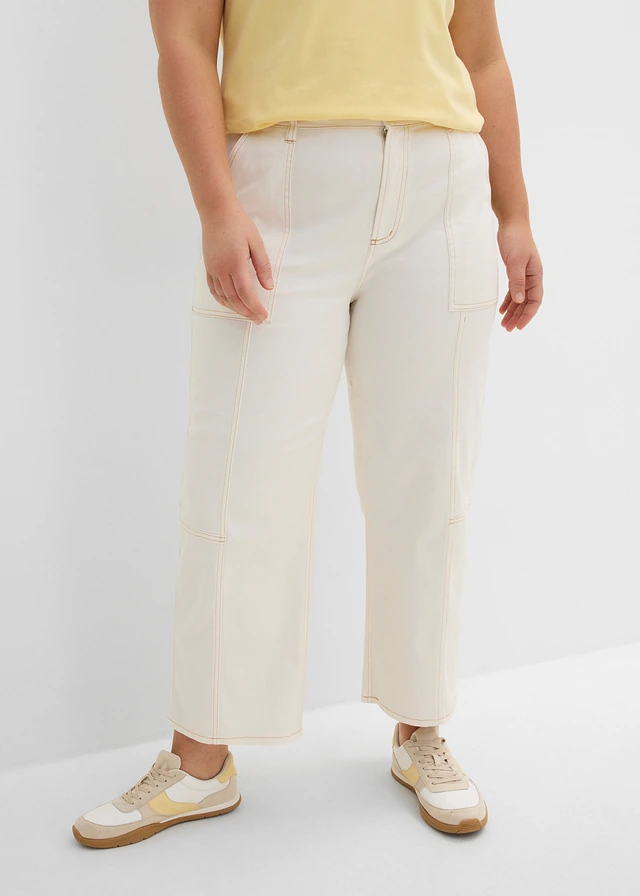 Pantalon raccourci en twill coton extensible, Couleur: blanc nacré