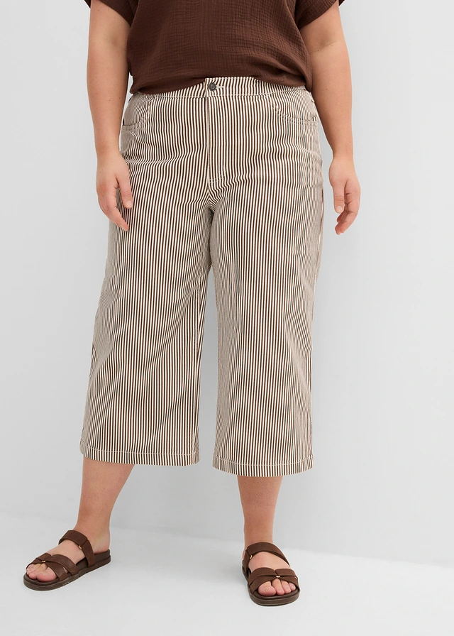 Pantalon en twill à taille élastiquée, Couleur: marron-écru rayé