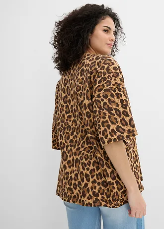 T-shirt oversize 100% coton, Couleur: cappuccino-marron foncé léopard