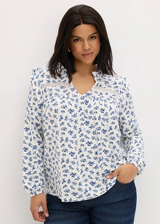 Longsleeve in een viscosemix, Kleur: wolwit-blauw