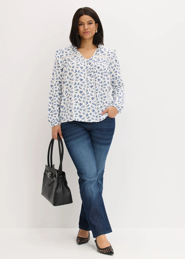 Longsleeve in een viscosemix, Kleur: wolwit-blauw