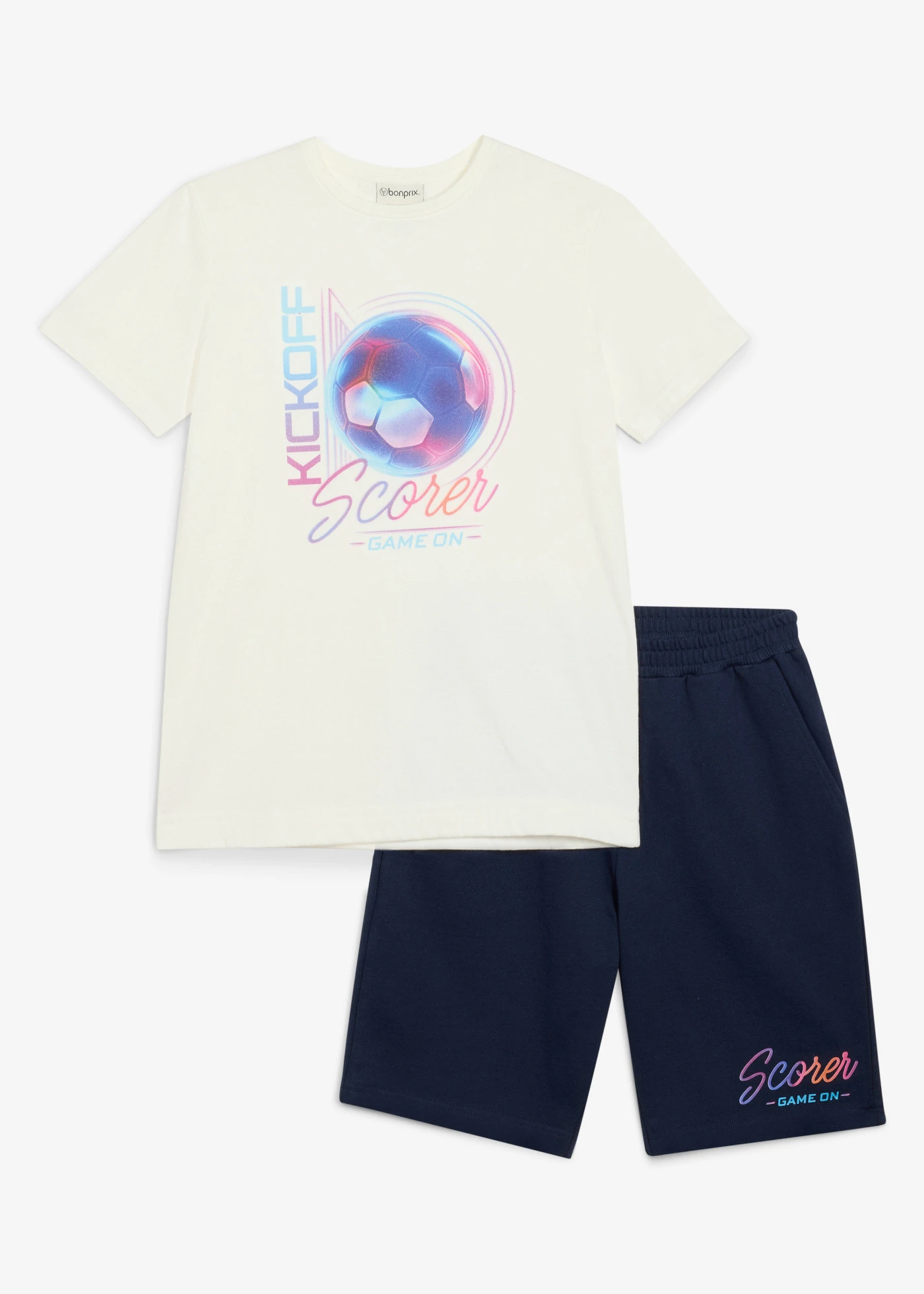 T-shirt et bermuda sweat 100% coton (ens. 2 pces) • écru-bleu foncé imprimé • Boutique bonprix