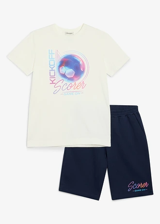 Tricou și bermude casual din bumbac organic 100% (set/2 piese) • ecru-bleumarin, cu imprimeu • magazin bonprix
