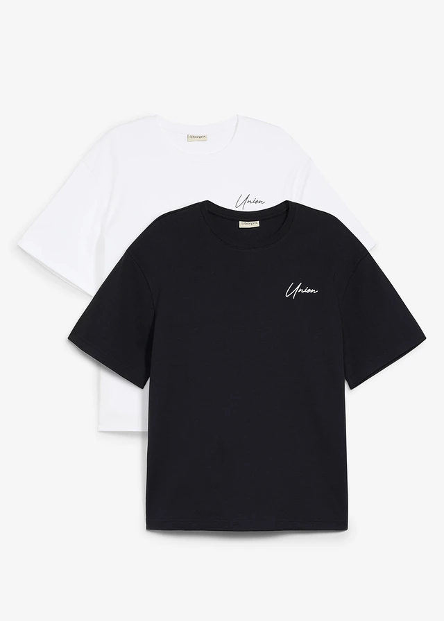 Lot de 2 T-shirts en coton épais • noir+blanc imprimé • Boutique bonprix