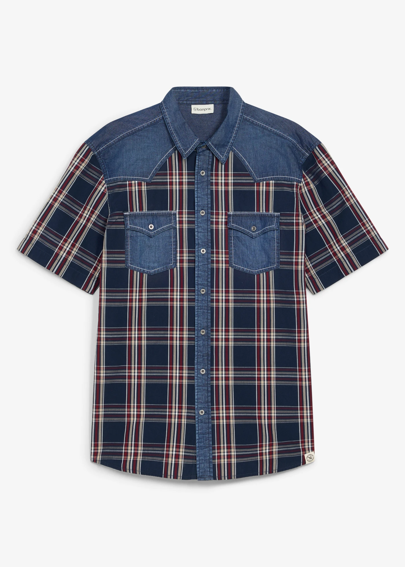 Overhemd met denim details en korte mouwen van katoen • donkerblauw geruit • bonprix online shop