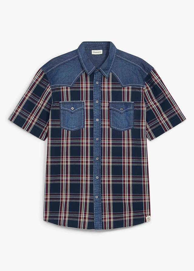 Overhemd met denim details en korte mouwen van katoen • donkerblauw geruit • bonprix online shop