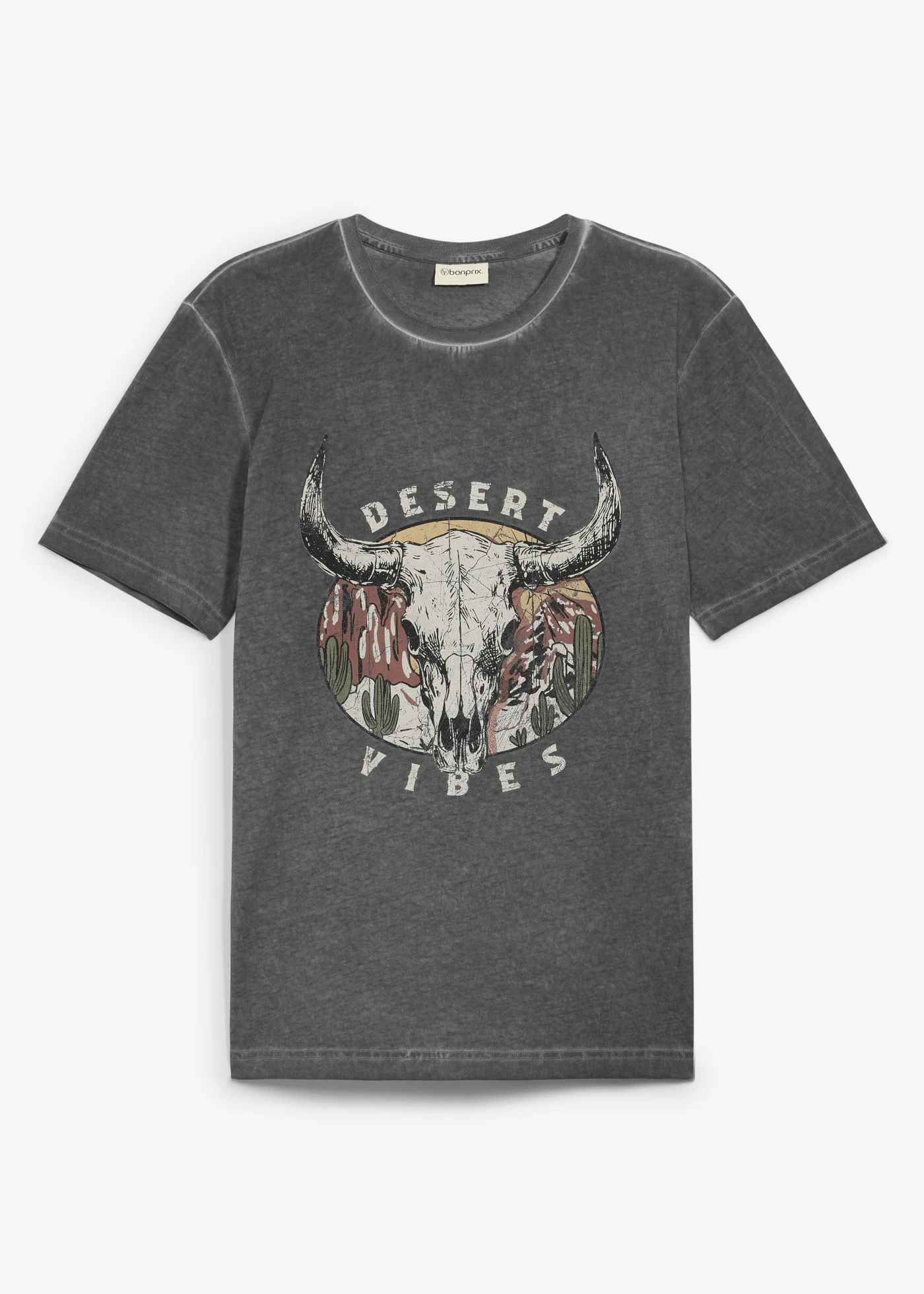 T-shirt in washed out look van biologisch katoen • leisteengrijs met print • bonprix online shop