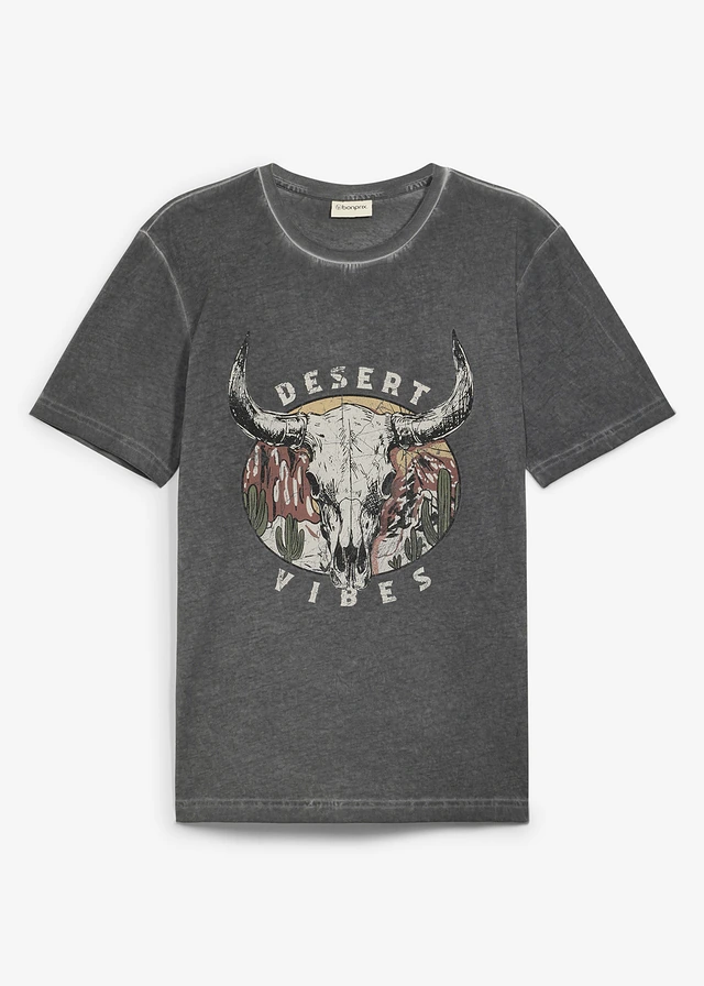T-shirt in washed out look van biologisch katoen • leisteengrijs met print • bonprix online shop