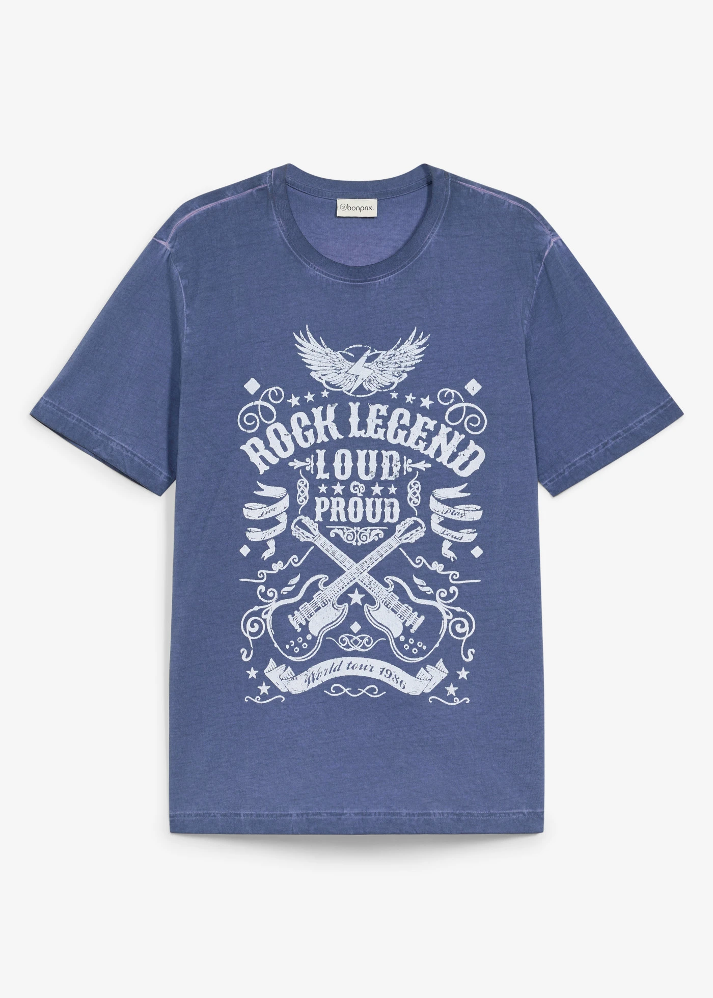 T-shirt in washed out look van biologisch katoen • indigo met print • bonprix online shop