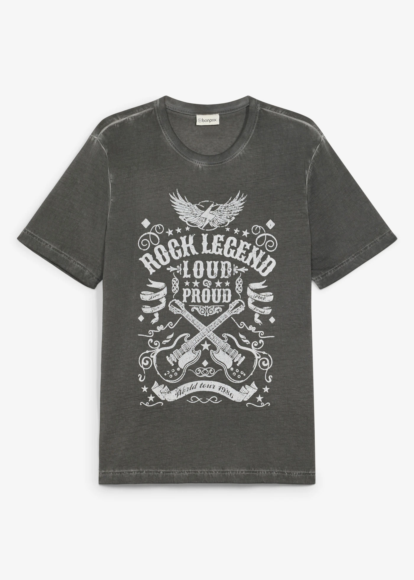 T-shirt in washed out look van biologisch katoen • leisteengrijs met print • bonprix online shop