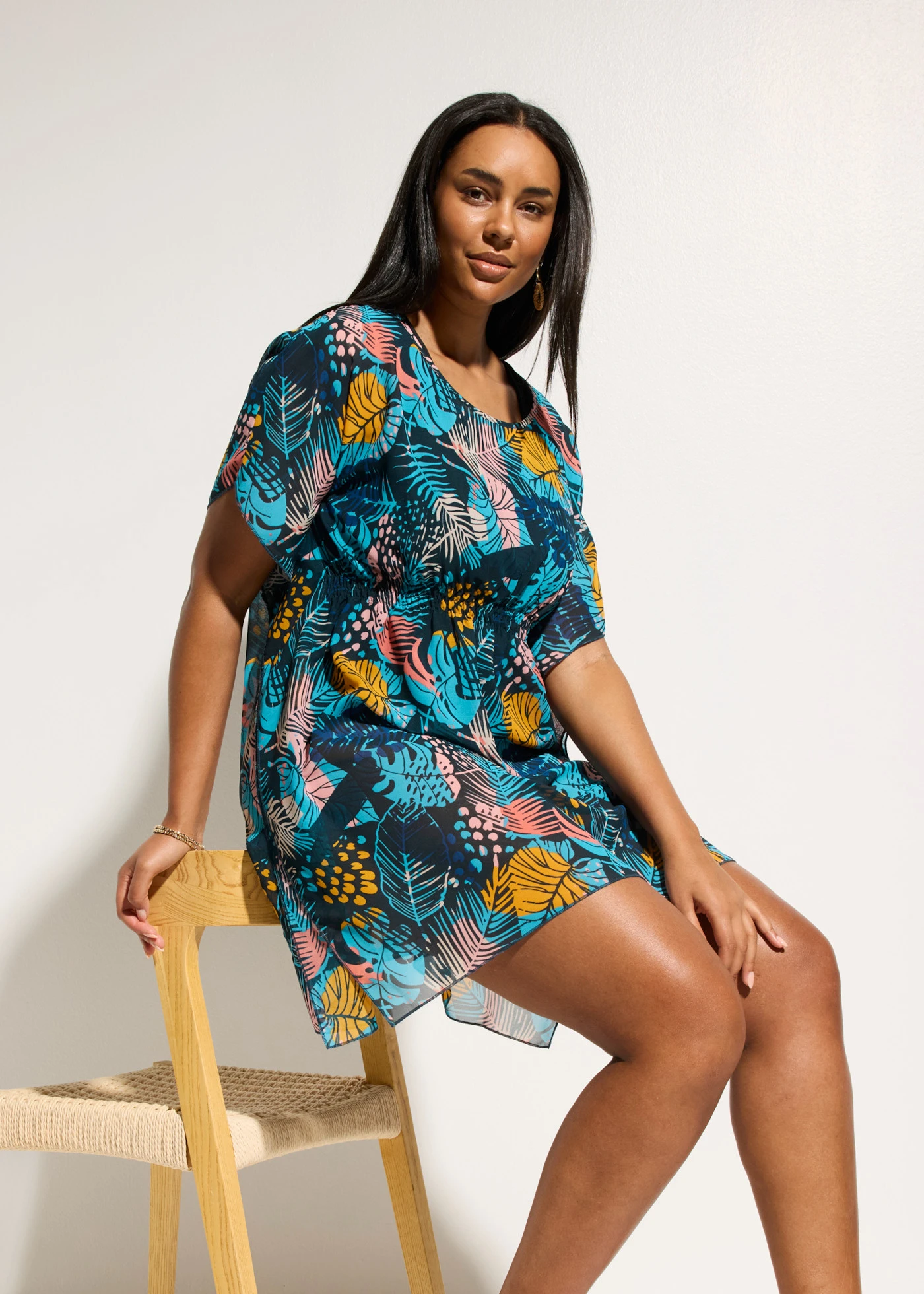 Strandtuniek van lichte chiffon • blauw-geel plus size • bonprix online shop