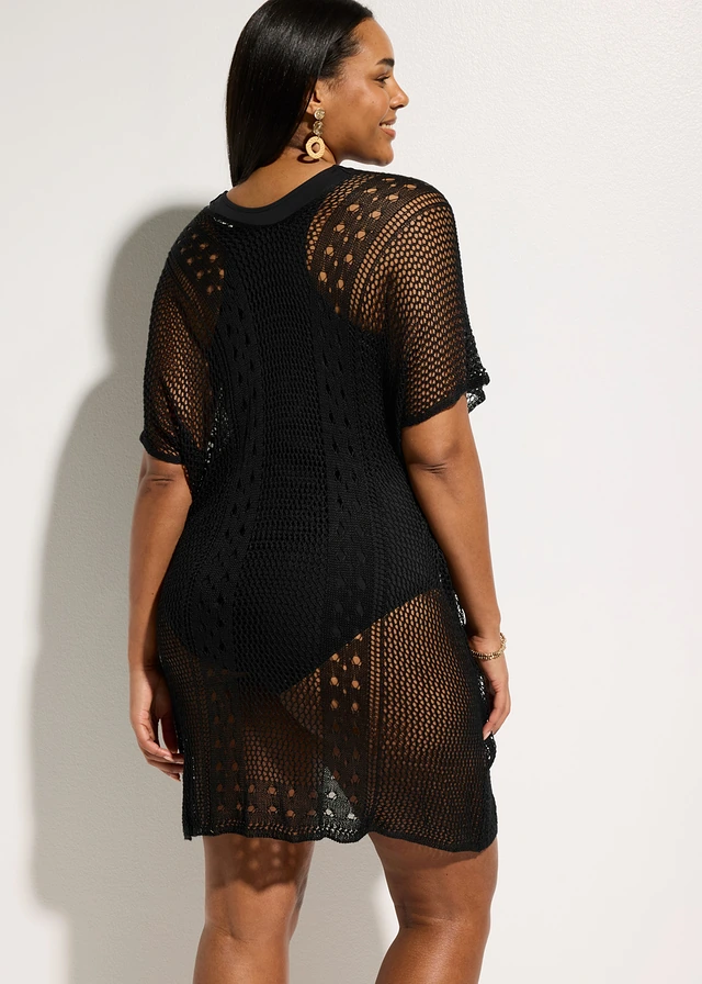 Robe de plage en viscose aspect crochet, Couleur: noir