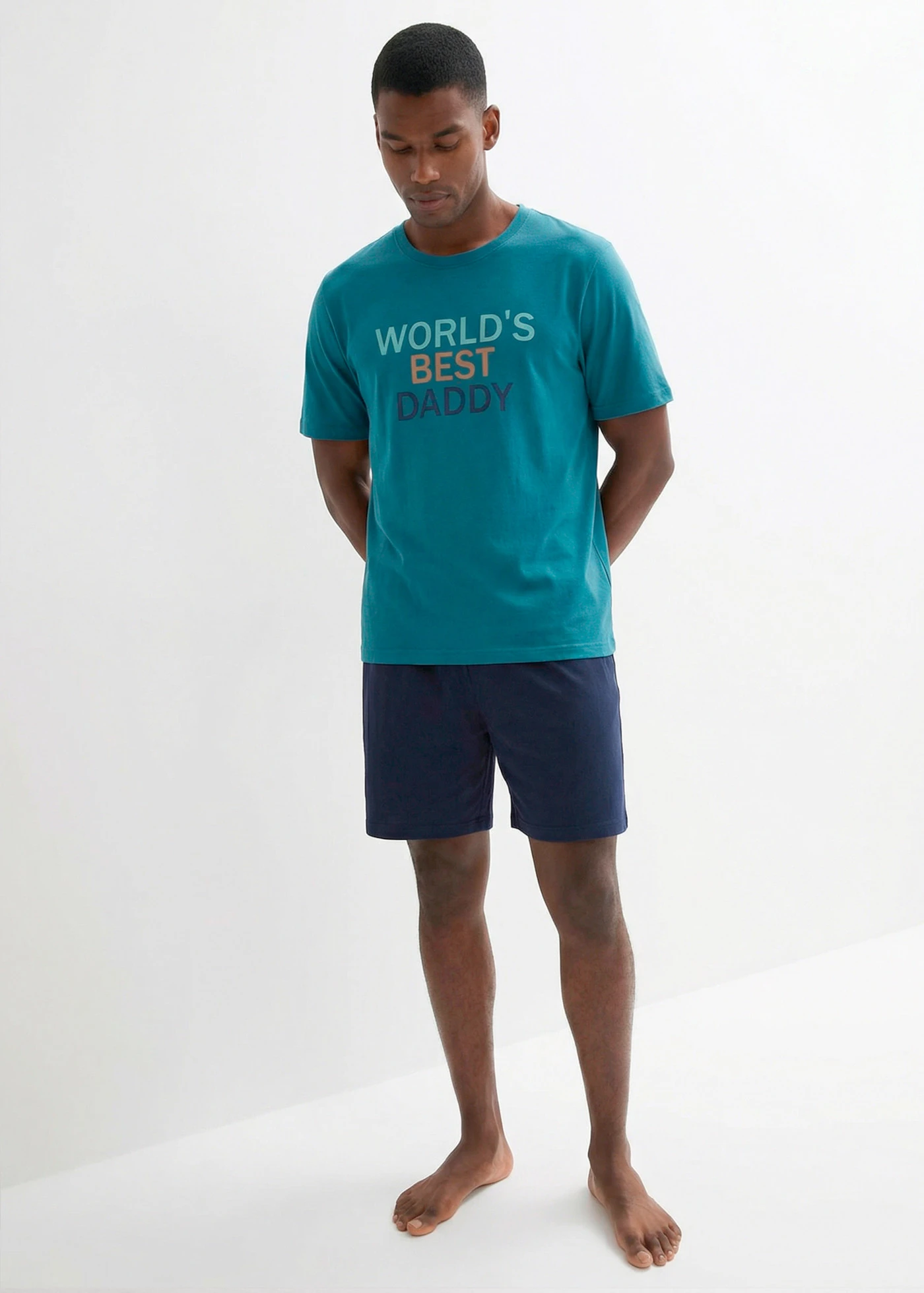 Pijama cu pantaloni scurți din bumbac 100% (set/2 buc.) • bleumarin/turcoaz-cobalt cu imprimeu • magazin bonprix