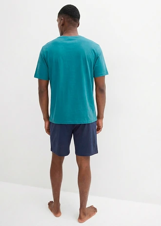 Pijama cu pantaloni scurți din bumbac 100% (set/2 buc.) • bleumarin/turcoaz-cobalt cu imprimeu • magazin bonprix