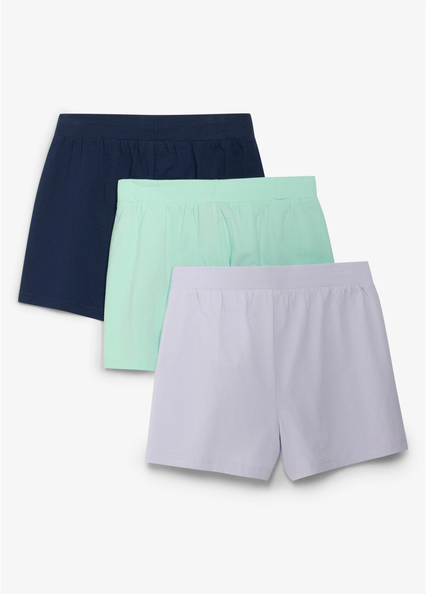 Lot de 3 shorts en jersey 100% coton • violet nacré + bleu foncé + menthe clair • Boutique bonprix