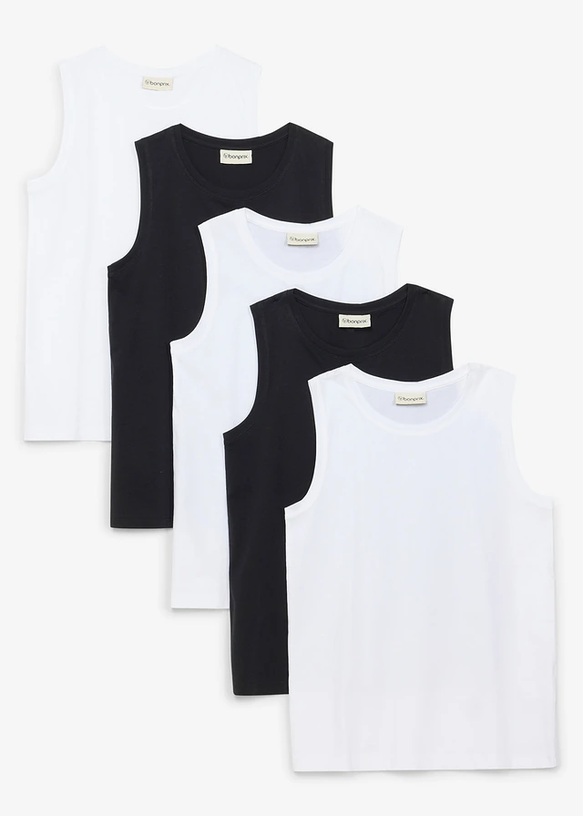 Tank top z bawełny organicznej (5 szt.) • 3 x biały + 2x czarny • sklep bonprix