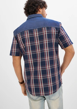 Cămașă cu mâneci scurte cu aplicații denim din bumbac 100% • bleumarin cadrilat • magazin bonprix