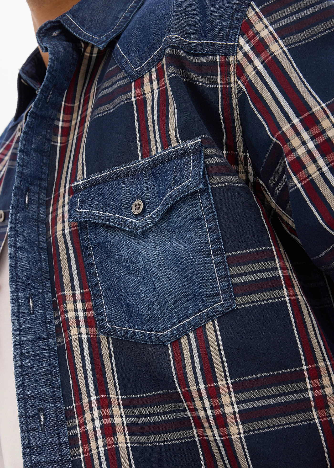 Overhemd met denim details en korte mouwen van katoen • donkerblauw geruit • bonprix online shop
