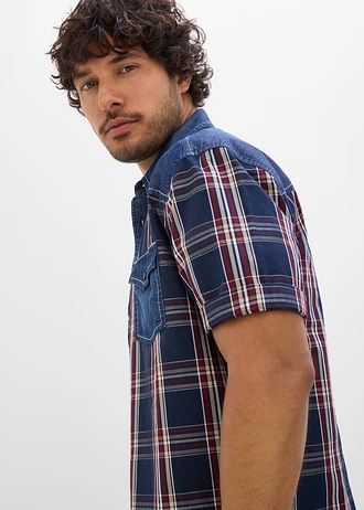 Overhemd met denim details en korte mouwen van katoen • donkerblauw geruit • bonprix online shop