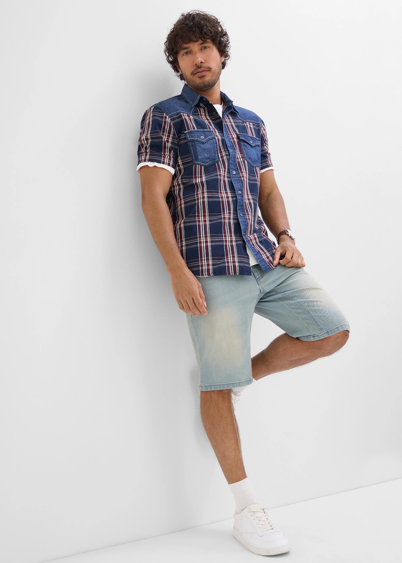 Overhemd met denim details en korte mouwen van katoen • donkerblauw geruit • bonprix online shop