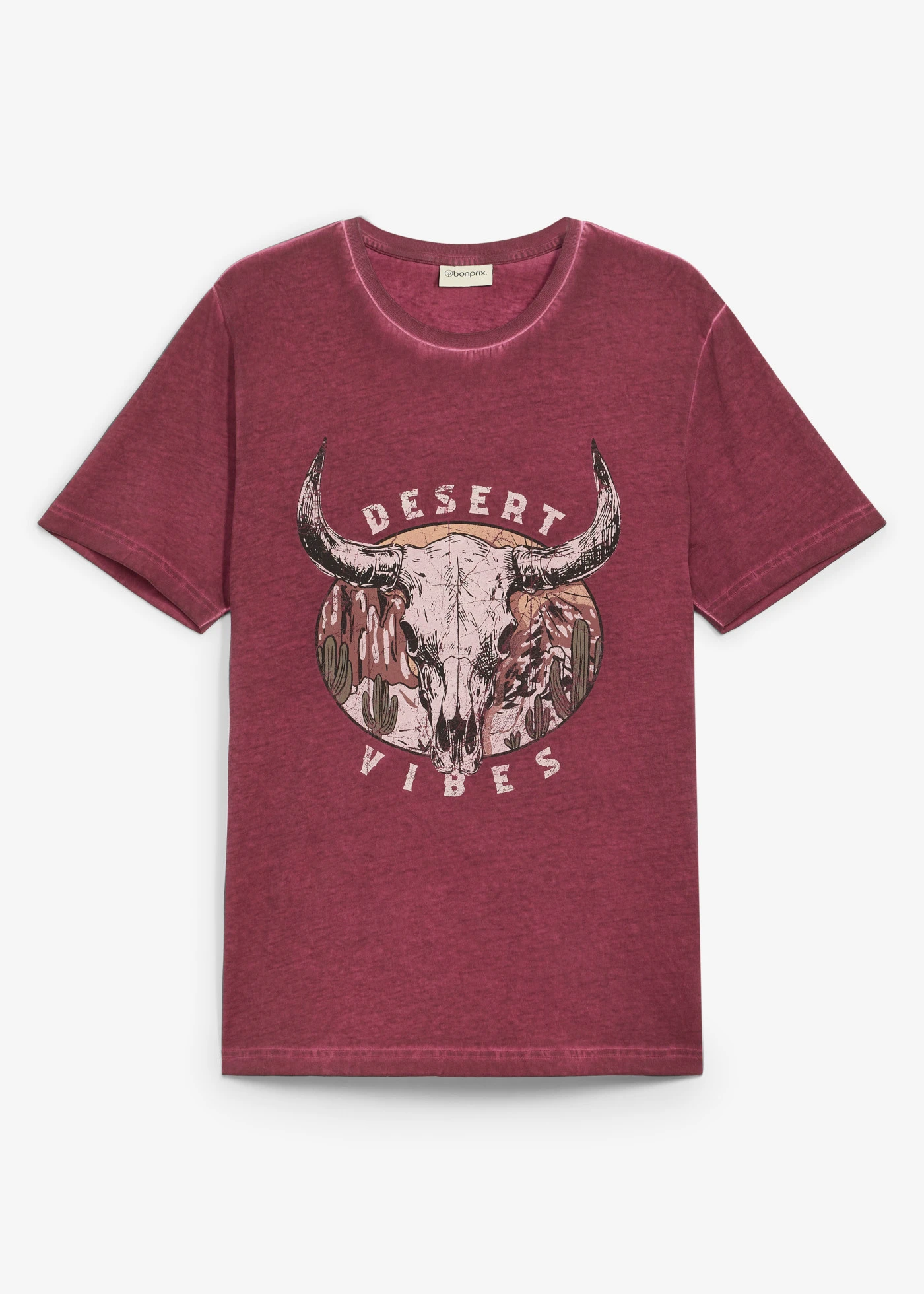 T-shirt in washed out look van biologisch katoen • robijnrood met print • bonprix online shop