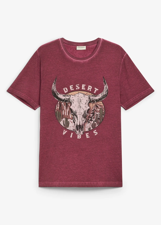 T-shirt in washed out look van biologisch katoen, Kleur: robijnrood met print