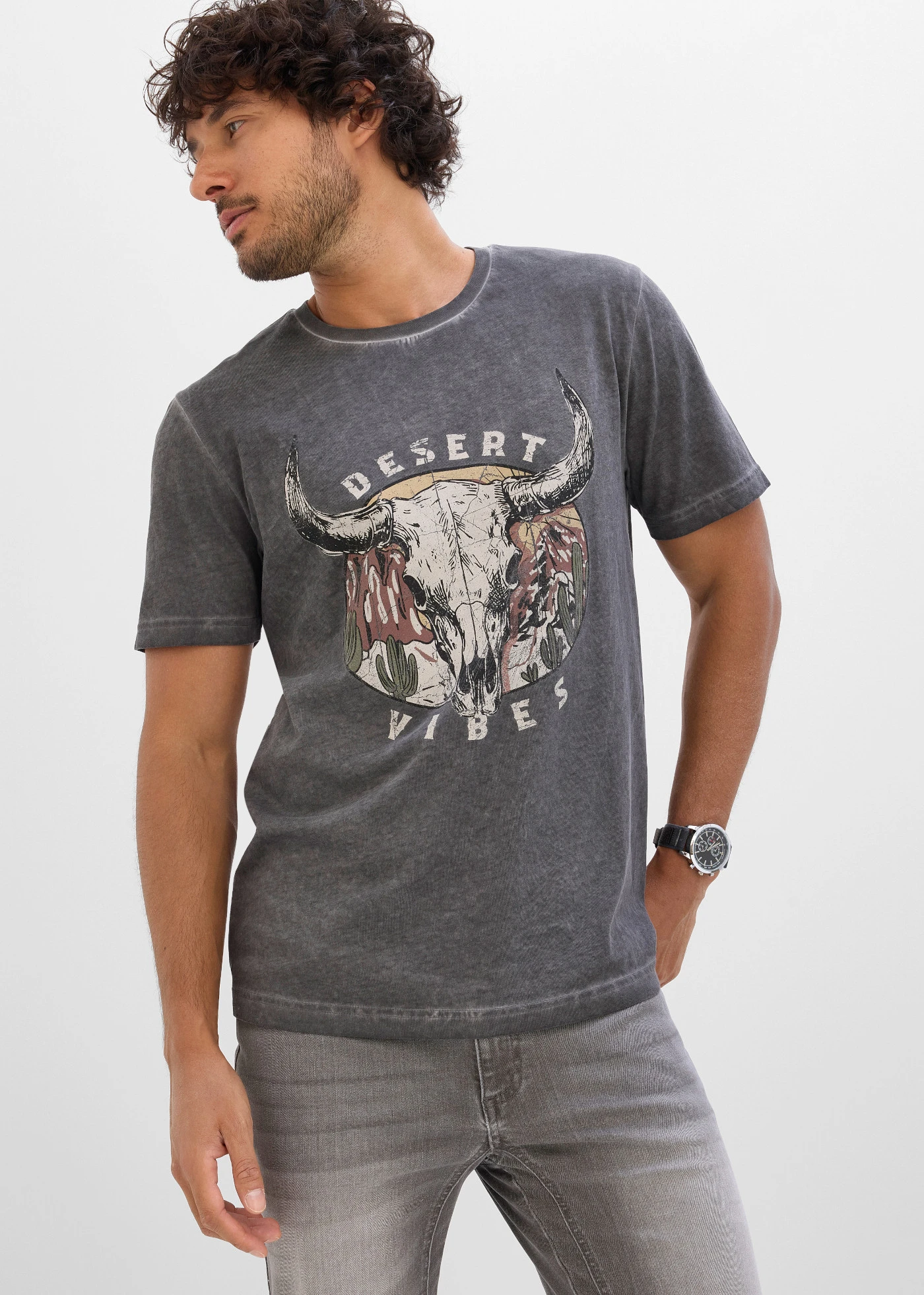 T-shirt z efektem sprania, z czystej bawełny organicznej • szary łupkowy z nadrukiem • sklep bonprix