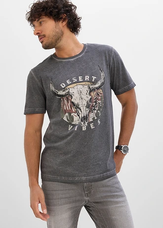 Tricou cu aspect prespălat din bumbac organic 100% • gri închis cu imprimeu • magazin bonprix