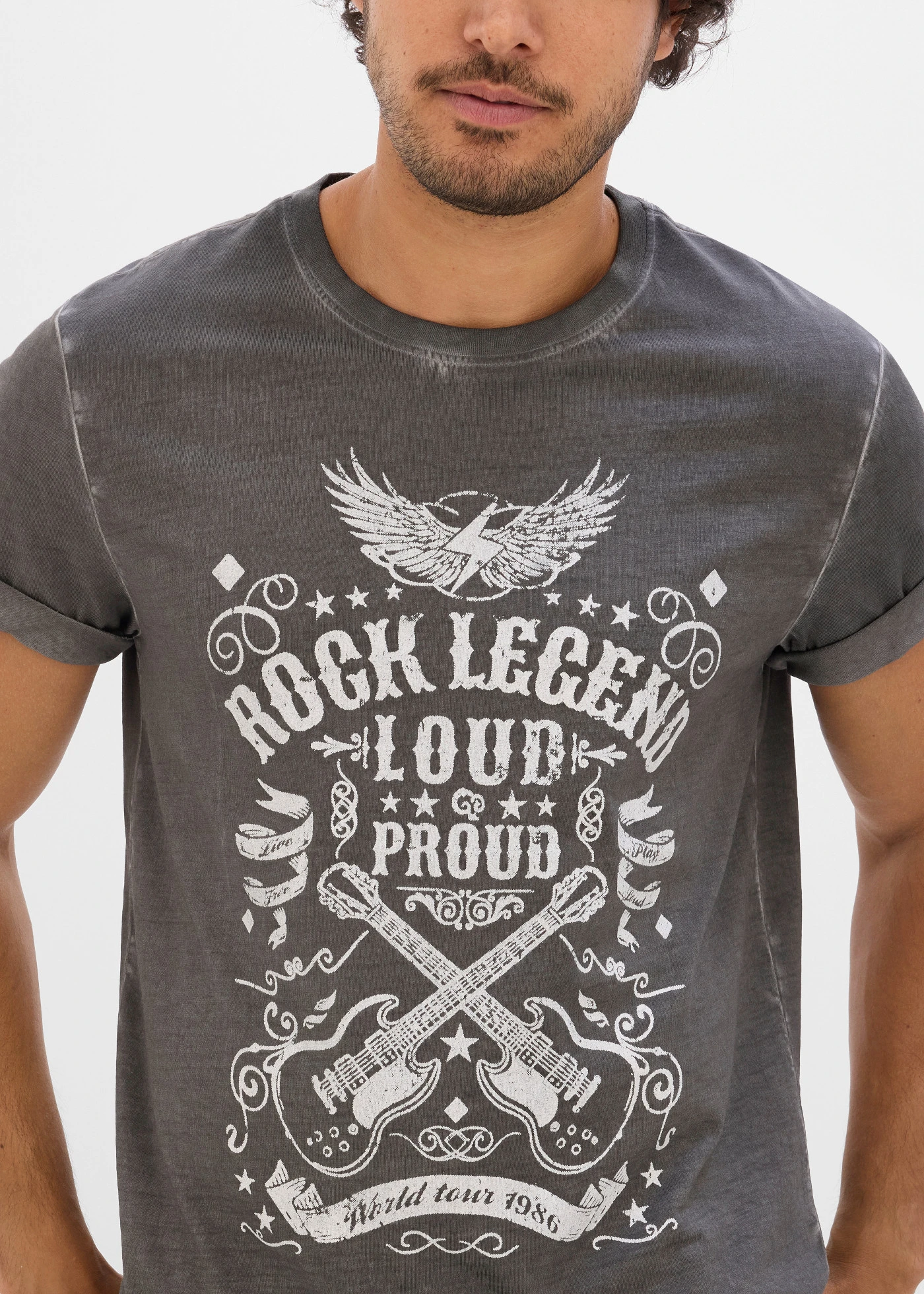 T-shirt in washed out look van biologisch katoen • leisteengrijs met print • bonprix online shop