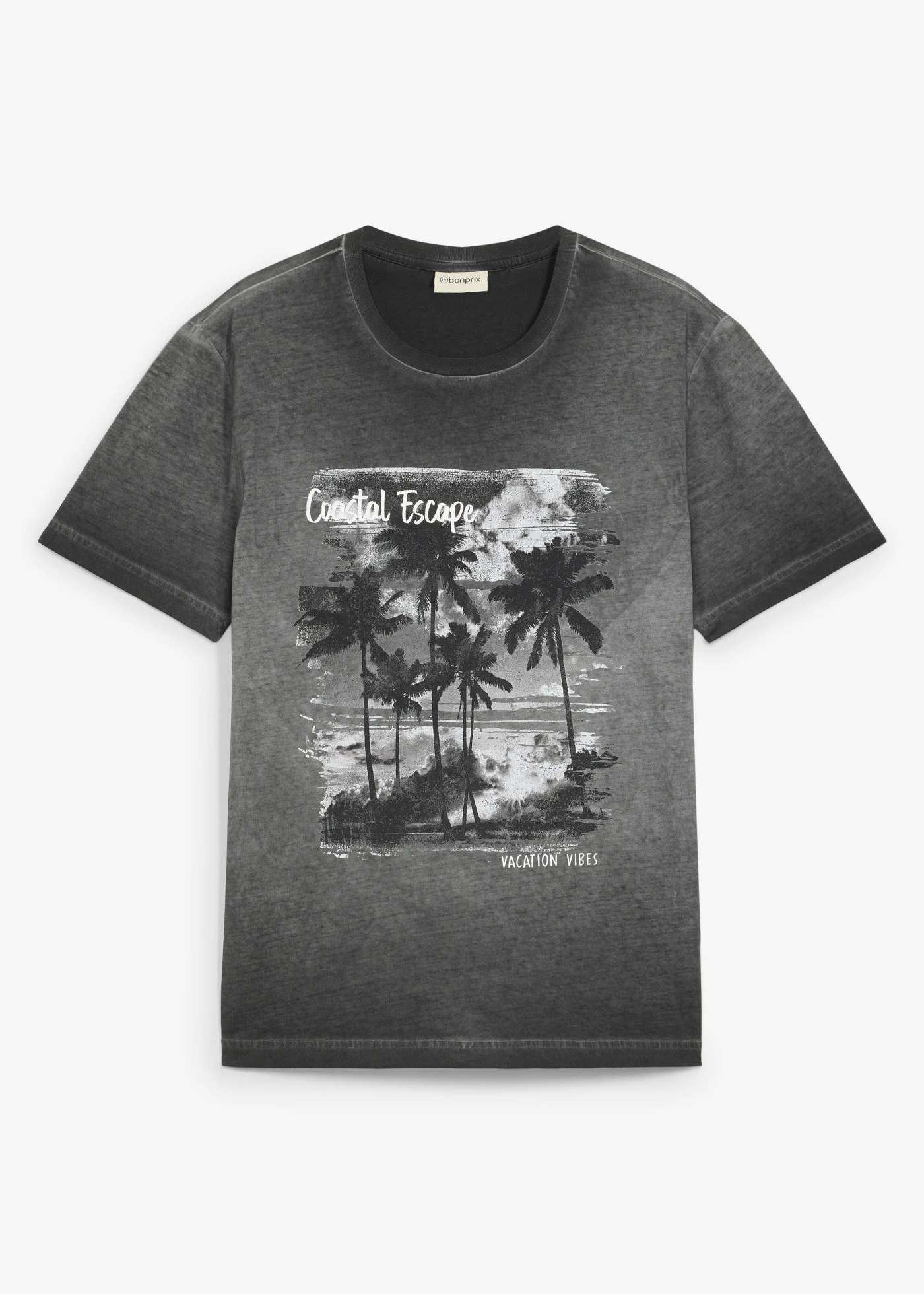 Tricou cu aspect prespălat din bumbac organic 100% • gri închis cu imprimeu • magazin bonprix