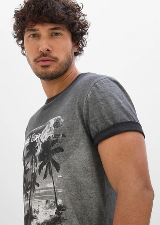 T-shirt in washed out look van biologisch katoen • leisteengrijs met print • bonprix online shop