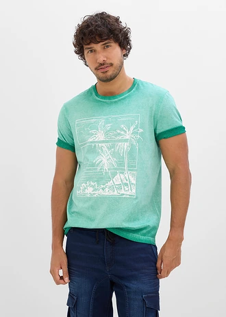 T-shirt in een verwassen look van biologisch katoen, Kleur: Pacifisch groen met print