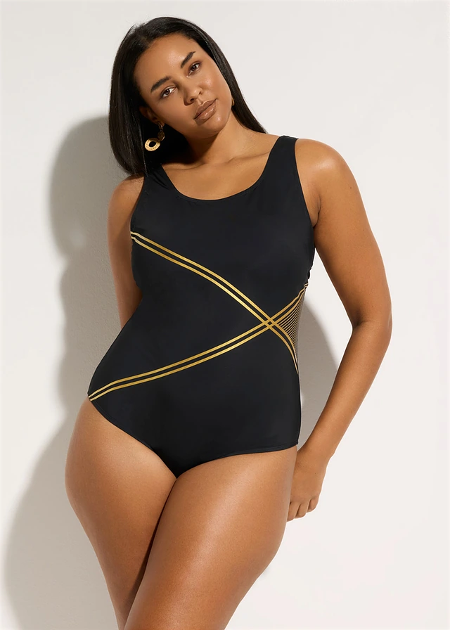 Maillot 1 pièce sculptant à détails dorés, maintien léger, Couleur: noir-doré