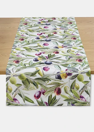 Chemin de table avec branches d’olivier, déperlant, Couleur: olive-violet foncé