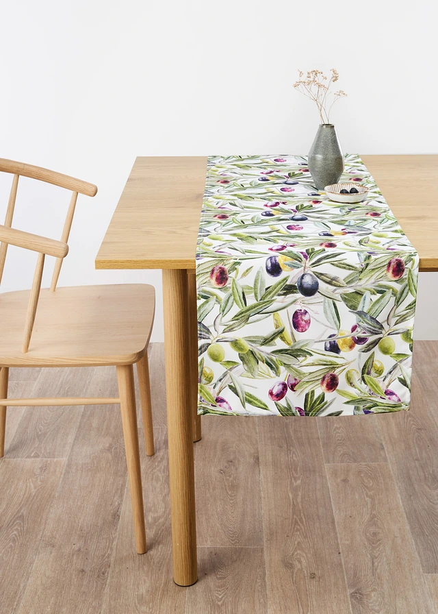 Tafelloper met olijftakken, waterafstotend, Kleur: olijfgroen/blauwviolet