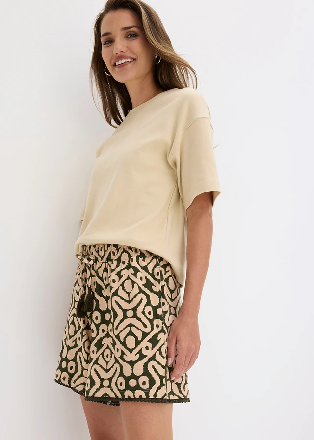 Jersey short van soepele viscose • donkerolijfgroen/soft beige gedessineerd • product-page.page-title-suffix