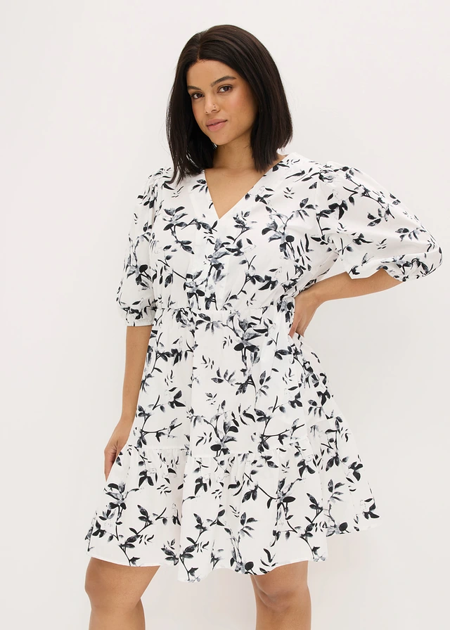 Robe courte 100% coton, Couleur: blanc/noir floral