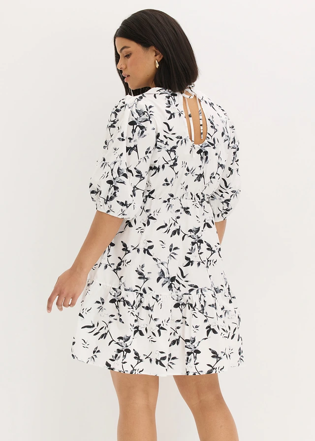 Robe courte 100% coton, Couleur: blanc/noir floral