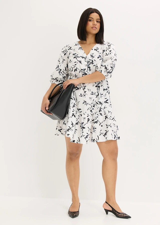 Robe courte 100% coton, Couleur: blanc/noir floral