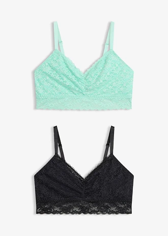 Lot de 2 brassières avec dentelle douce, Couleur: noir + menthe