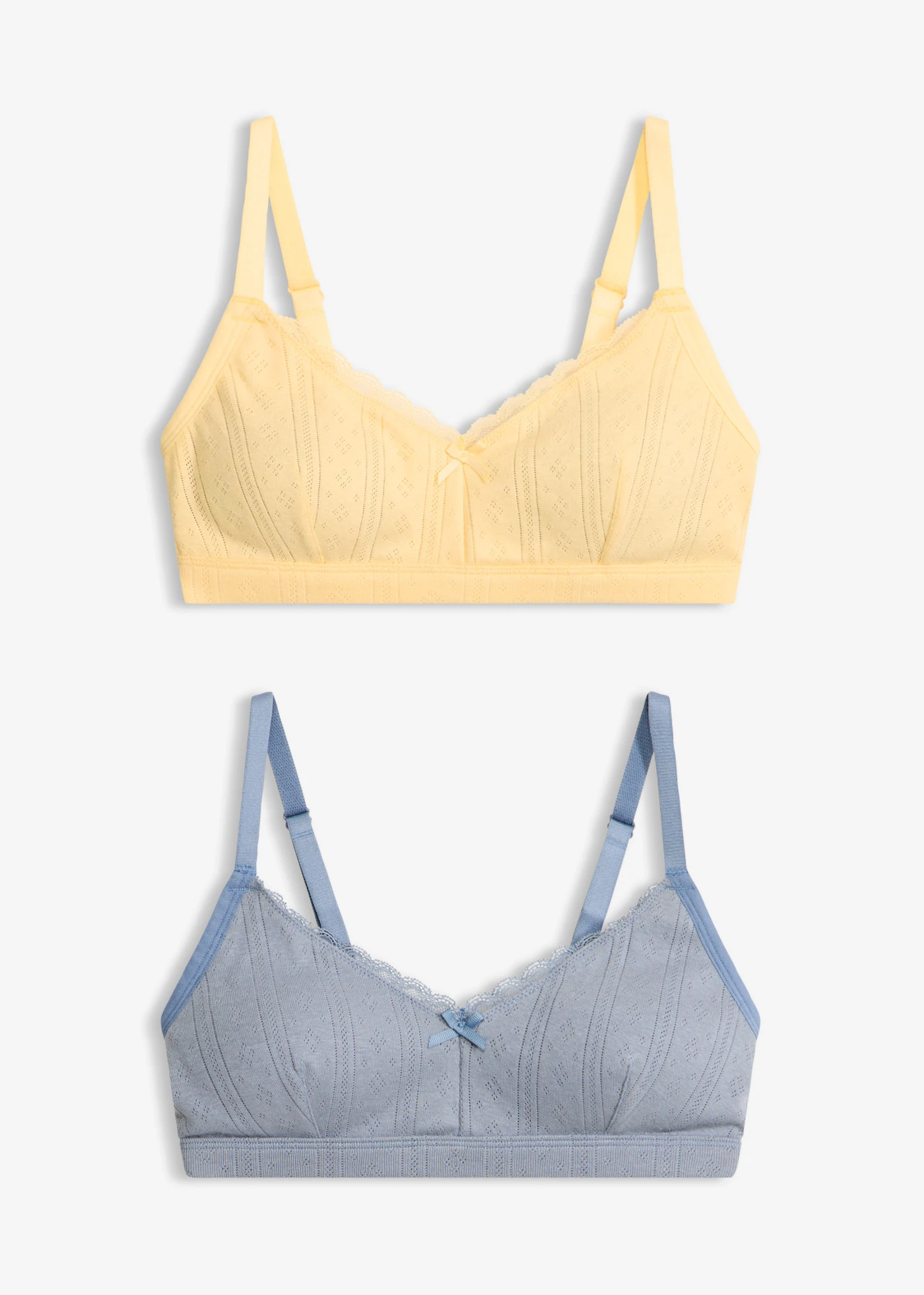 Kipárnázott Bralette melltartó merevítő nélkül, azsúr mintával, bio pamutból (2 db-os csomag) • pasztell sárga+füstkék • bonprix áruház